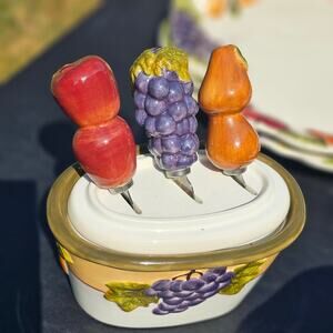 Home Interiors Sonoma Villa Butter Dish W/3 Spreaders Handpainted Earthenware